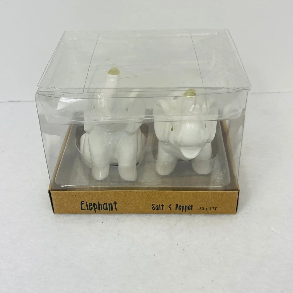 White Ceramic Elephant Salt and Pepper Shaker Set Gold Accents New in Box